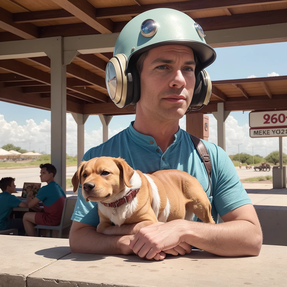 4K image from a 1960s science fiction film by Spike Jonze , Your films, pastel colors, solo man (Todder9) Young people in animal helmets hold a mechanical dog at the bus station, Retro-futuristic fashion clothing from the 60s with alien ornaments, natural light, psychedelic, strangely futuristic, Retro-Futurist, photorealestic, Sharp background details.