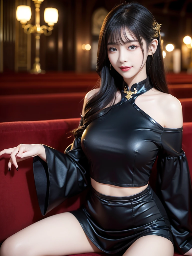 tra-detailed、Japanese、attractive beauty、seductive adult woman、pretty woman、piercing eyes、cool girl、wavy hair、swept bangs、Long Black and Gold Cheongsam、wide sleeves、Evil cadres、evil depravity、brainwash、mind control、lipstick、lip gloss、dark makeup、smirk、whisper in your ear、Evil expression、evil、hollow eyes,half-closed eyes、empty eyes、evil、church at night、vampire、succubus、vampire、Swear allegiance、sexy pose、Off-shoulder、Crop topping、Showing thighs、tempting、evil smile、seductive