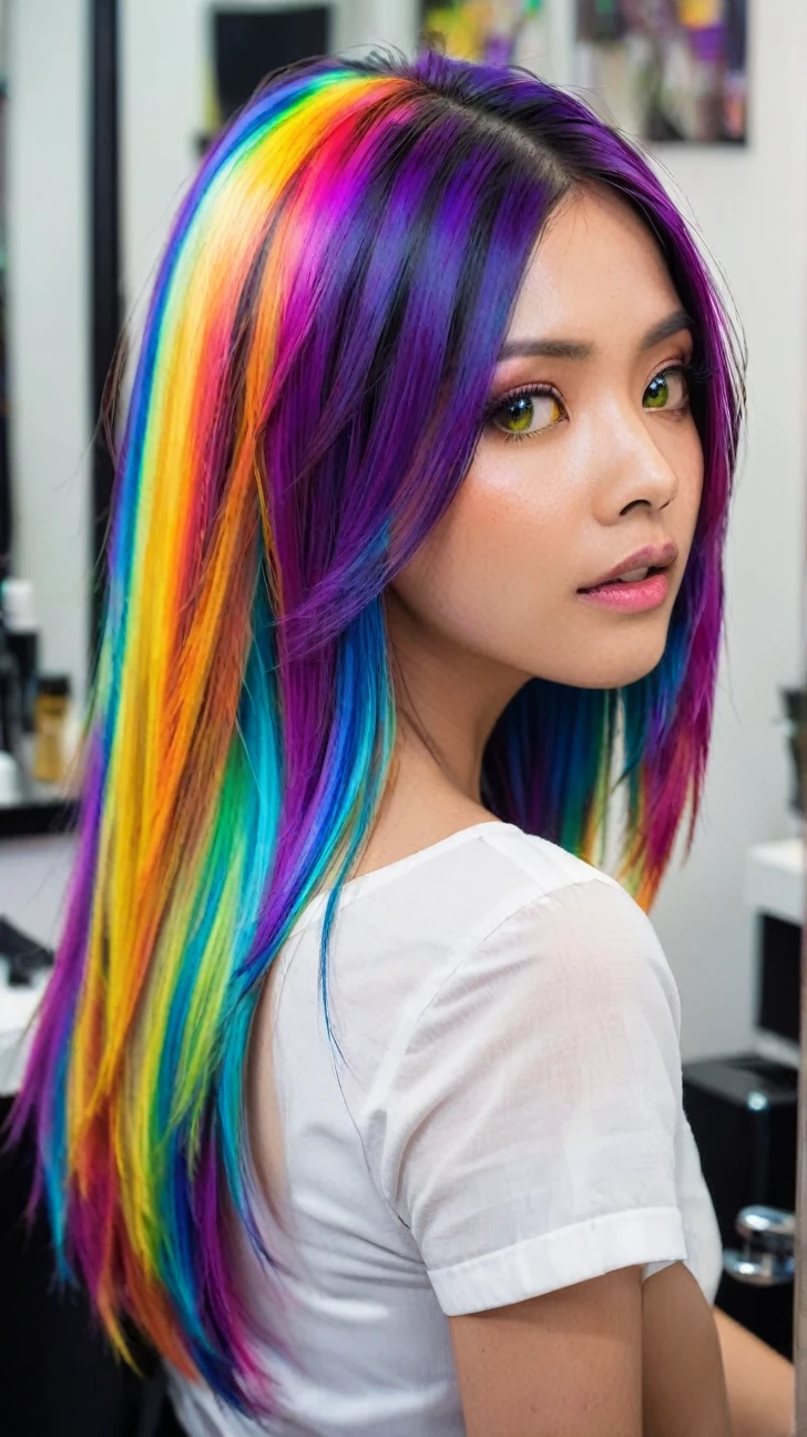 a young indonesian woman, sleek and straight hair, at the hair salon. she have a  layered haircut, bright rainbow hair with bright yellow, shocking pink, electric blue, neon green, vibrant purple, bright silver, bright orange, and flaming red haircolor. she wears a white dress. she has a confused expression on her face for her new hair. view from her back, as she look in a mirror.