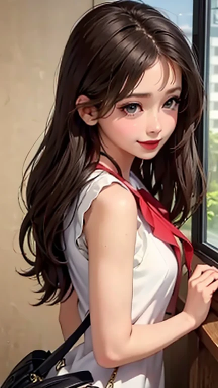 blush a little and smile, (Top quality masterpiece:1.2) Delicate illustrations, Very detailed, /Beautiful Japanese Women、1 person,Very cute and slim、Great style 、((8K images、super high quality))、Very delicate face, Skin and Hair、beautifule forehead、Red lipstick、(((((Mid-length hair、Brown Hair、lure))))),Very cute Japanese cut face、Eyes and nose are clearly visible、Kind eyes,((((Sleeveless fashion))))