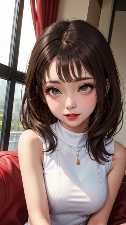 blush a little and smile, (Top quality masterpiece:1.2) Delicate illustrations, Very detailed, /Beautiful Japanese Women、1 person,Very cute and slim、Great style 、((8K images、super high quality))、Very delicate face, Skin and Hair、beautifule forehead、Red lipstick、(((((Mid-length hair、Brown Hair、lure))))),Very cute Japanese cut face、Eyes and nose are clearly visible、Kind eyes,((((Sleeveless fashion))))
