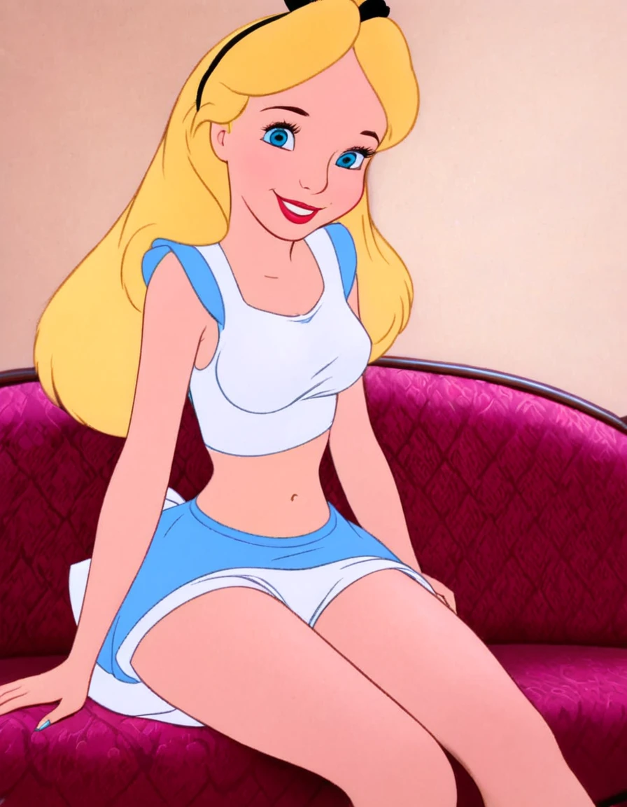  1girl, solo, long hair, blue eyes, blonde hair, alice, disney, white bra, full view, white panties, sitting down, bare legs, smiling, masterpiece, best quality , 2D cartoon