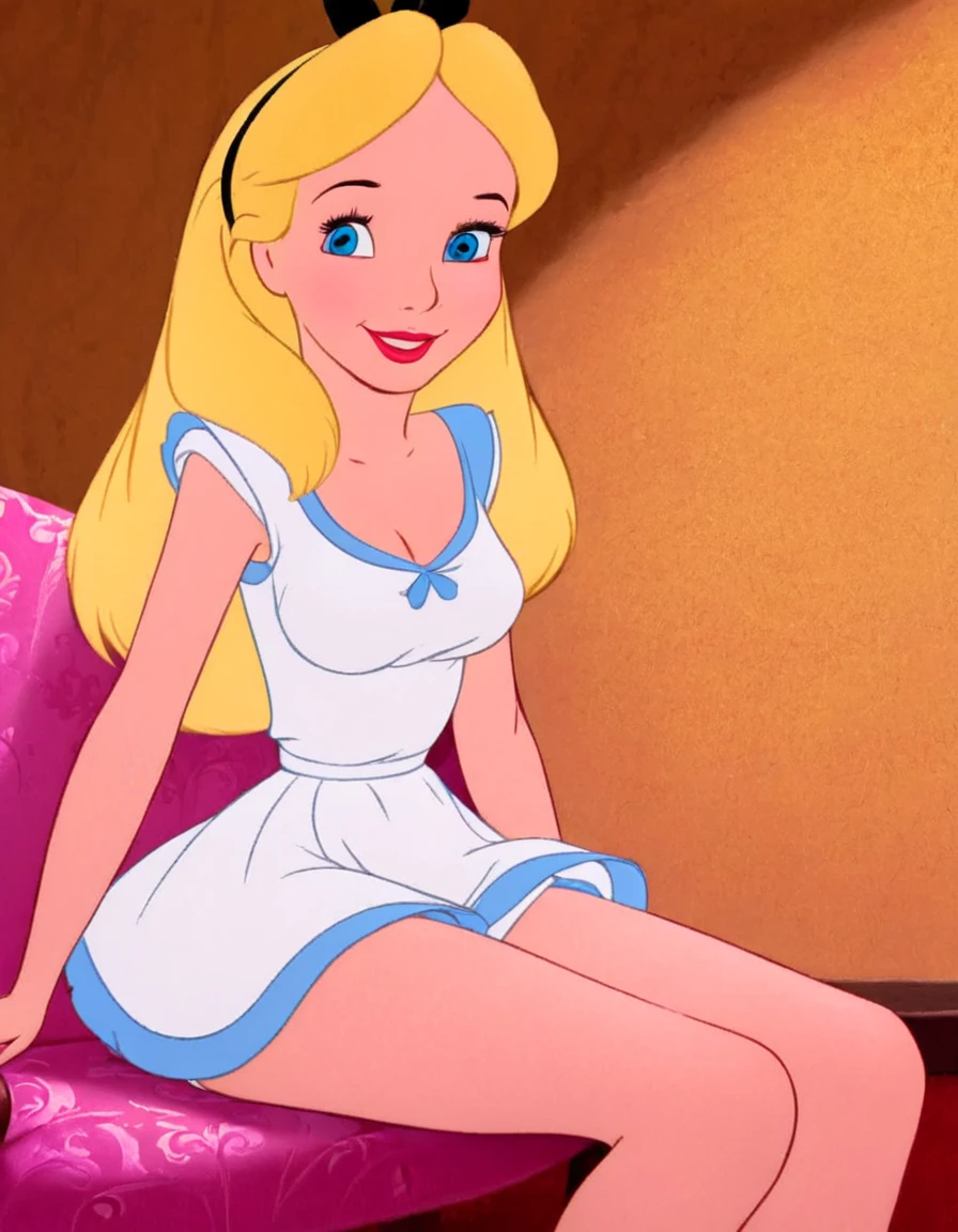  1girl, solo, long hair, blue eyes, blonde hair, alice, disney, white bra, full view, white panties, sitting down, bare legs, smiling, masterpiece, best quality , 2D cartoon