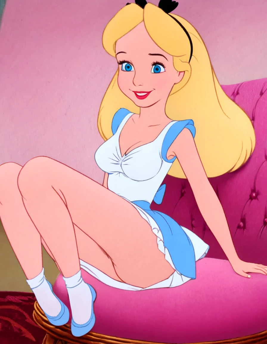  1girl, solo, long hair, blue eyes, blonde hair, alice, disney, white bra, full view, white panties, sitting down, bare legs, smiling, masterpiece, best quality , 2D cartoon