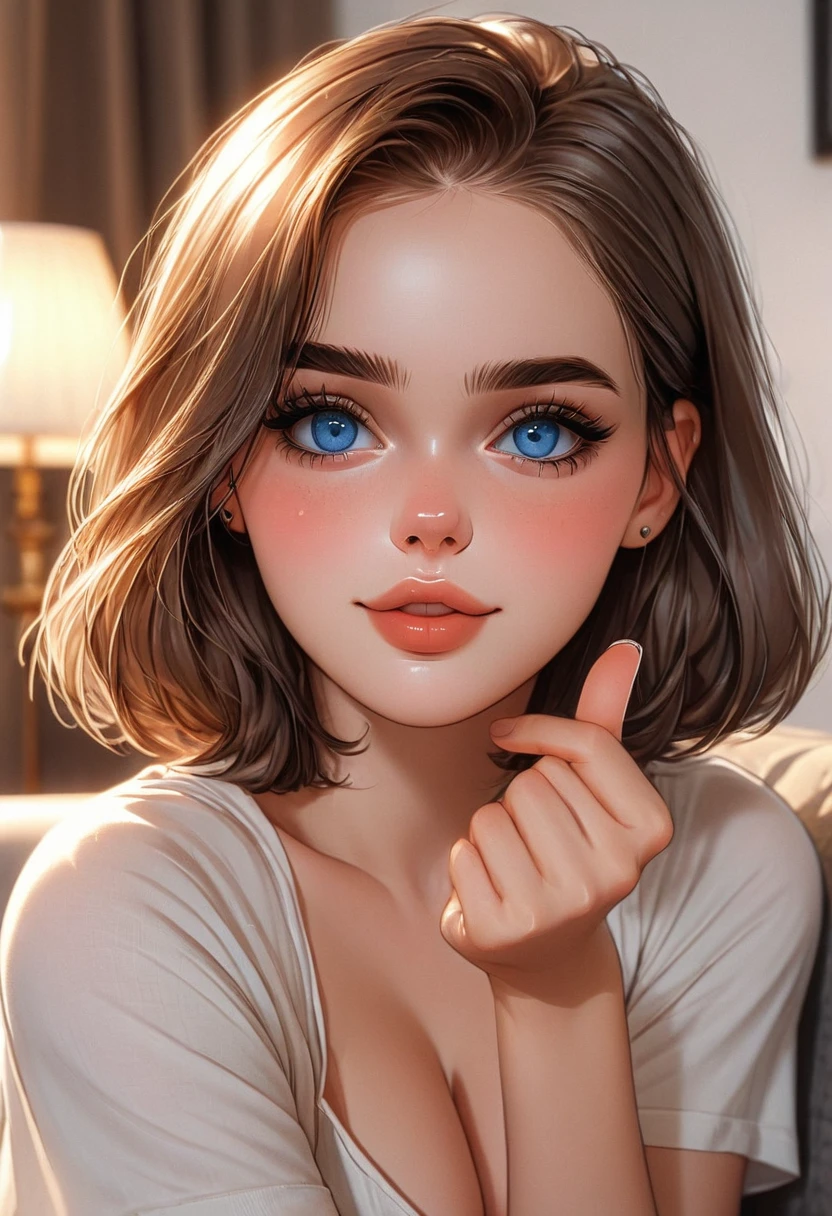 core_9, score_8_up, score_7_up, score_6_up, beautiful woman, cute face, shy, kinky smile, extreme ultra detailed perfect eyes, deepth blue eyes , 20yo, nose blush, big breast, loose-fitting short sleeves, sitting in a couch, (head tilted) ,(holds her head with her arm), eyes contact, lot of desire for the viewer, side portrait , face focus , pov , indoor, inside home, in living room, ,RAW photo,realistic,volumetric lighting, depth of field,cinematic,close-up,(gesture),(Love Hand Gesture),