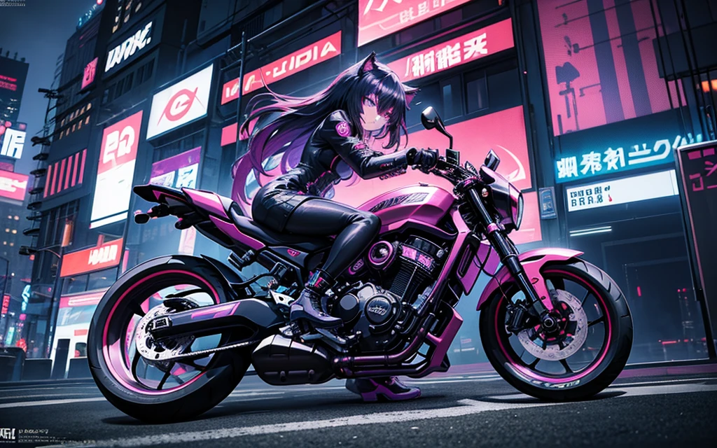 I imagine a cyberpunk world full of mystery and futurism. I imagine this anime girl on her cyberpunk motorcycle, surrounded by neon lights in a night city. His purple and black suit, The shiny chains and her red hair create an intriguing image. The motorcycle, with its shiny surface and cat-shaped helmet, adds a touch of enigma. It's like she's ready for an exciting nighttime adventure!! .