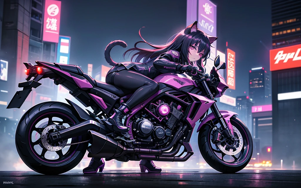 I imagine a cyberpunk world full of mystery and futurism. I imagine this anime girl on her cyberpunk motorcycle, surrounded by neon lights in a night city. His purple and black suit, The shiny chains and her red hair create an intriguing image. The motorcycle, with its shiny surface and cat-shaped helmet, adds a touch of enigma. It&#39;s like she&#39;s ready for an exciting nighttime adventure!! .