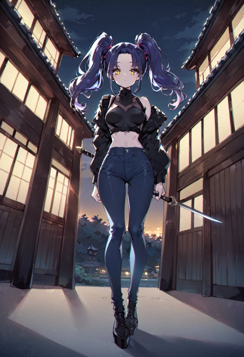 (One very tall woman,Dark navy blue hair,Her hairstyle is twin tails that expose her forehead.,Medium chest,yellow eyes)Black Techwear,Jeans pants,Japanese spear on shoulder,Background is a Japanese mansion at night,Shading