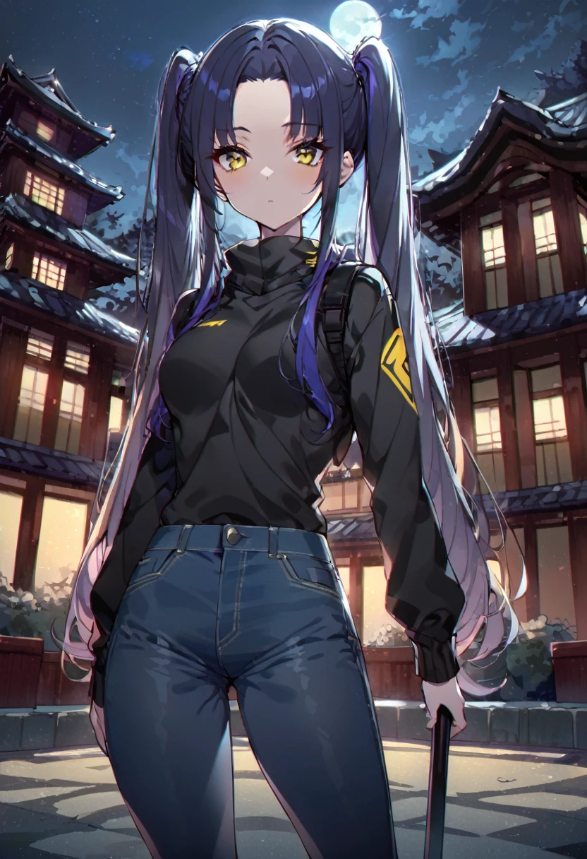 (One very tall woman,Dark navy blue hair,Her hairstyle is twin tails that expose her forehead.,Medium chest,yellow eyes)Black Techwear,Jeans pants,Japanese spear on shoulder,Background is a Japanese mansion at night,Shading