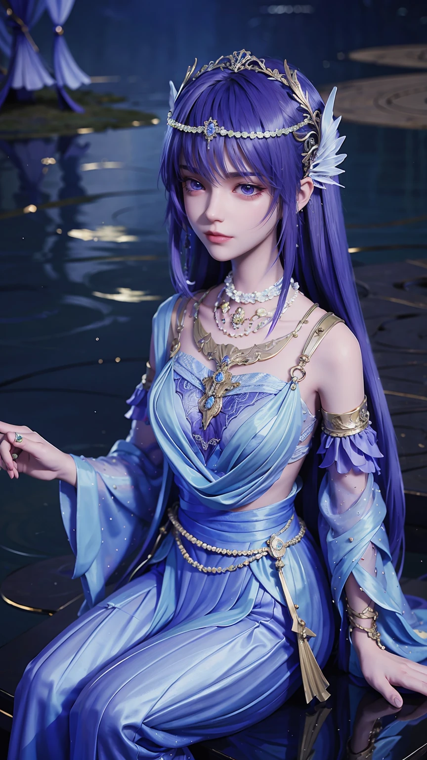 A girl，（（（穿着Lilac wedding dress：1.5））），Black hair and black eyes，Brush your hair with your hands，Seven shots of characters，Professional photography，high quality，Sitting cross-legged on the water，Background on the water at night，moon，The whole body glows，（（（Background is all water，Water Magic））），（（（Lilac wedding dress：1.5））），Opaque clothes