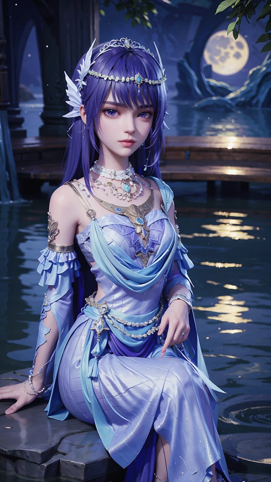 A girl，（（（穿着Lilac wedding dress：1.5））），Black hair and black eyes，Brush your hair with your hands，Seven shots of characters，Professional photography，high quality，Sitting cross-legged on the water，Background on the water at night，moon，The whole body glows，（（（Background is all water，Water Magic））），（（（Lilac wedding dress：1.5））），Opaque clothes