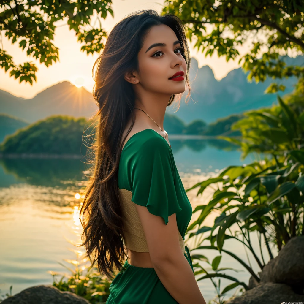 Imagine an adventure scenario between mountains and lakes, where a thirty-year-old Brazilian woman stands out, she is tall, elegant black hair cascading over her shoulders, capturing the last rays of the day's sun. Wearing a green shirt that complements her tropical beauty, she exudes natural elegance. She adds, red lips convey an aura of confidence and allure. As she looks at the horizon, the golden tones of the sunset reflect in her eyes, her hair, bringing a special shine to her serene expression. This woman embodies the essence of Brazilian beauty, combining grace and vigor. Her presence evokes a feeling of tranquility and admiration for nature. Your representation as a model should capture not only her stunning appearance, but also the calm and serenity she radiates, immersed in the enchanting atmosphere of the momentaniu surroundings.
