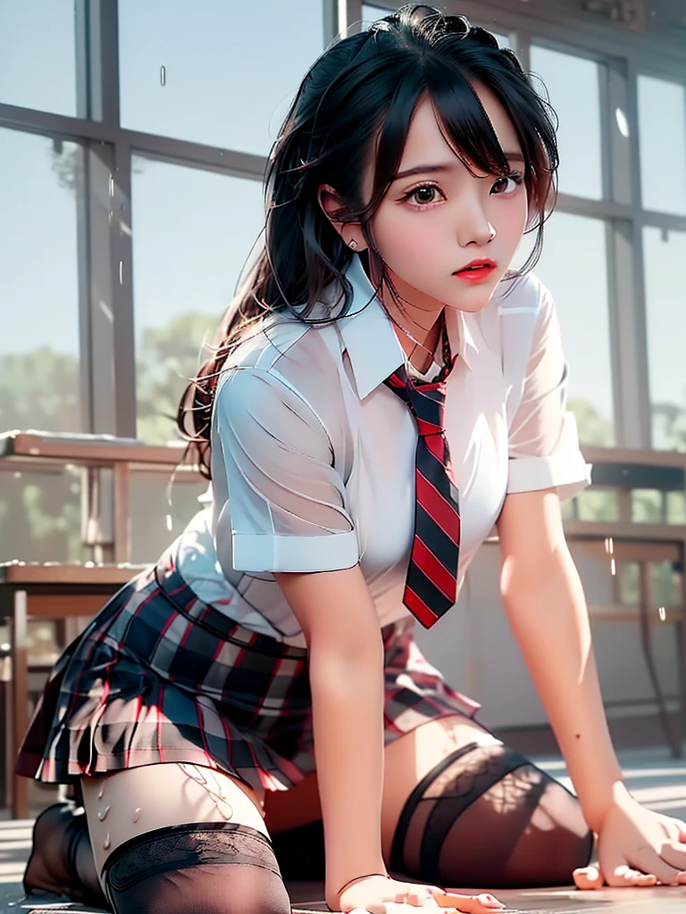 (masterpiece, best quality:1.2), a hyperrealistic , solo, 1girl, yukinoshita yukino, (shiny skin, wet skin:1.2), sweating, slight smile, looking at viewer, on all fours, , white shirt, plaid skirt, thighhighs, afternoon, classroom hyperrealistic , cut hair, beautifull girl, sexy girl