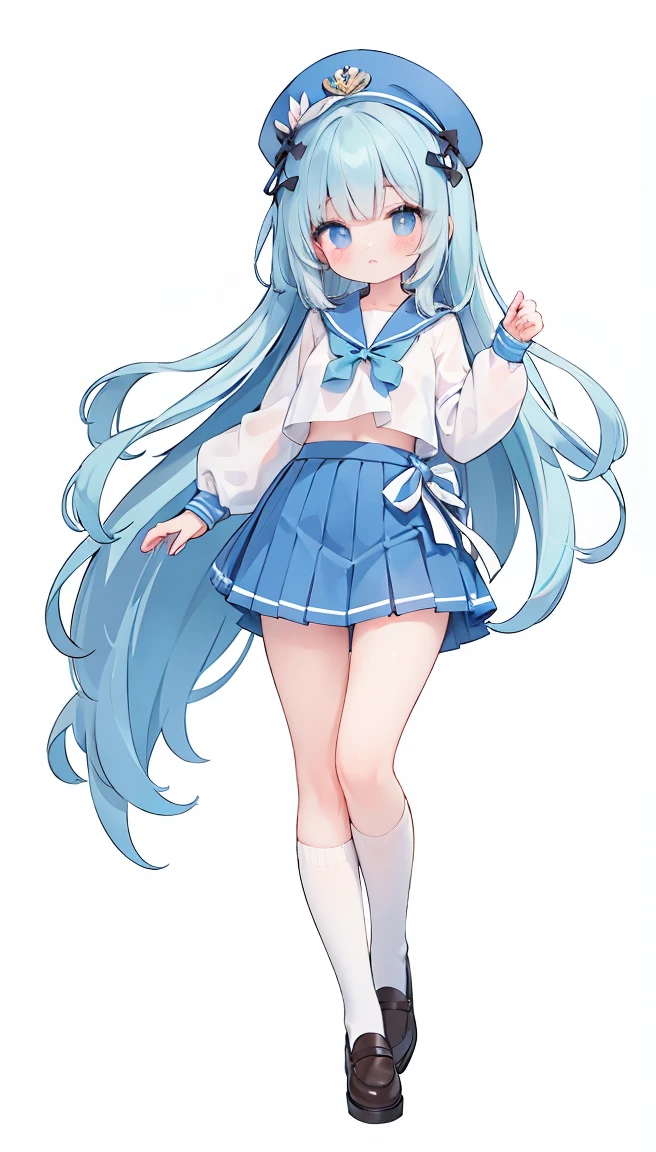 masterpiece, best quality, high resolution, white simple background, standing, slim waist, cute, sailor uniform, blue skirt, knee high long socks, (Pastel Colors: 1.3), full body
