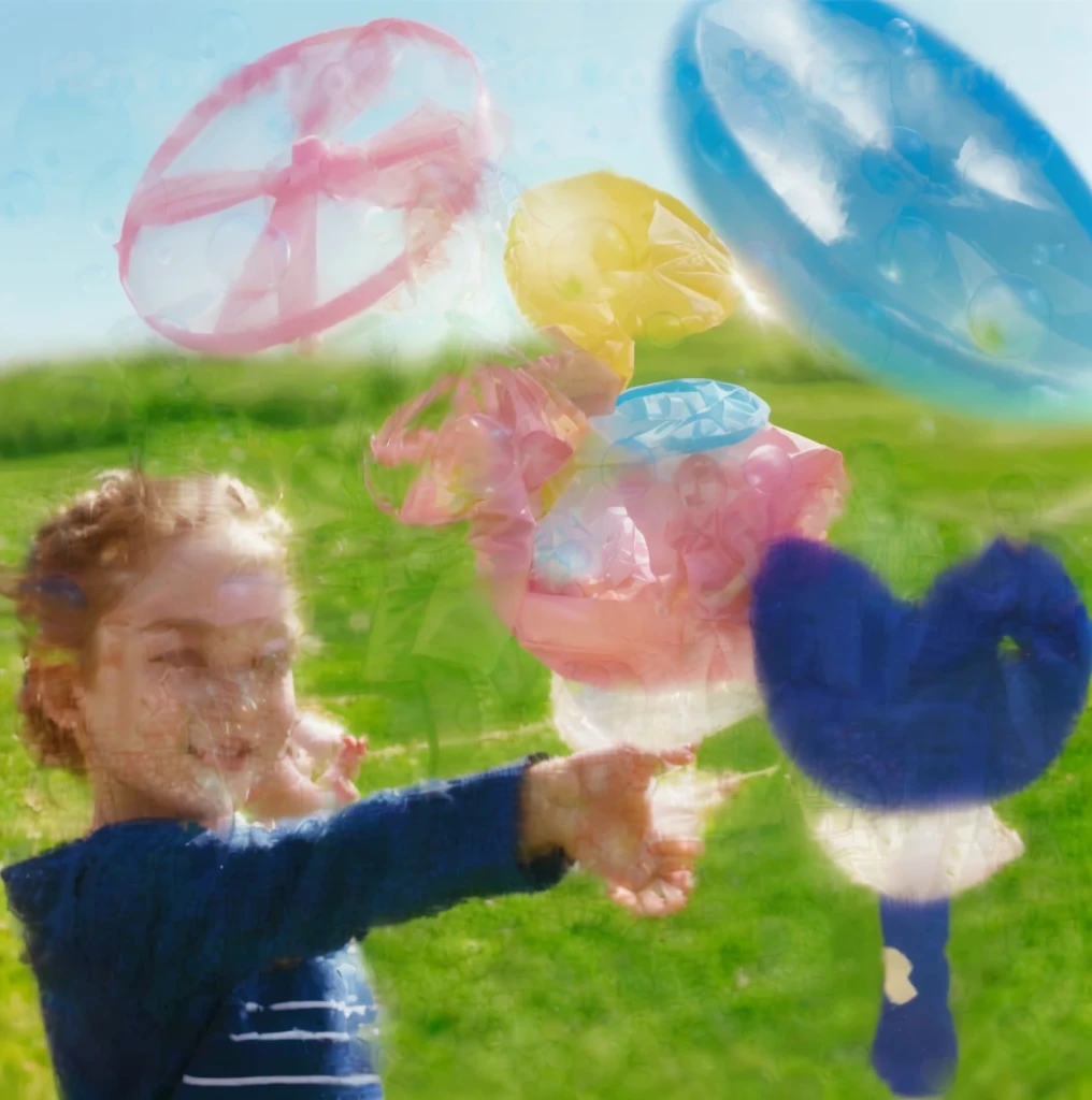 A group of children running on the grass,Blue sky and white clouds,Bubbles,happy,Ultra-realistic image quality