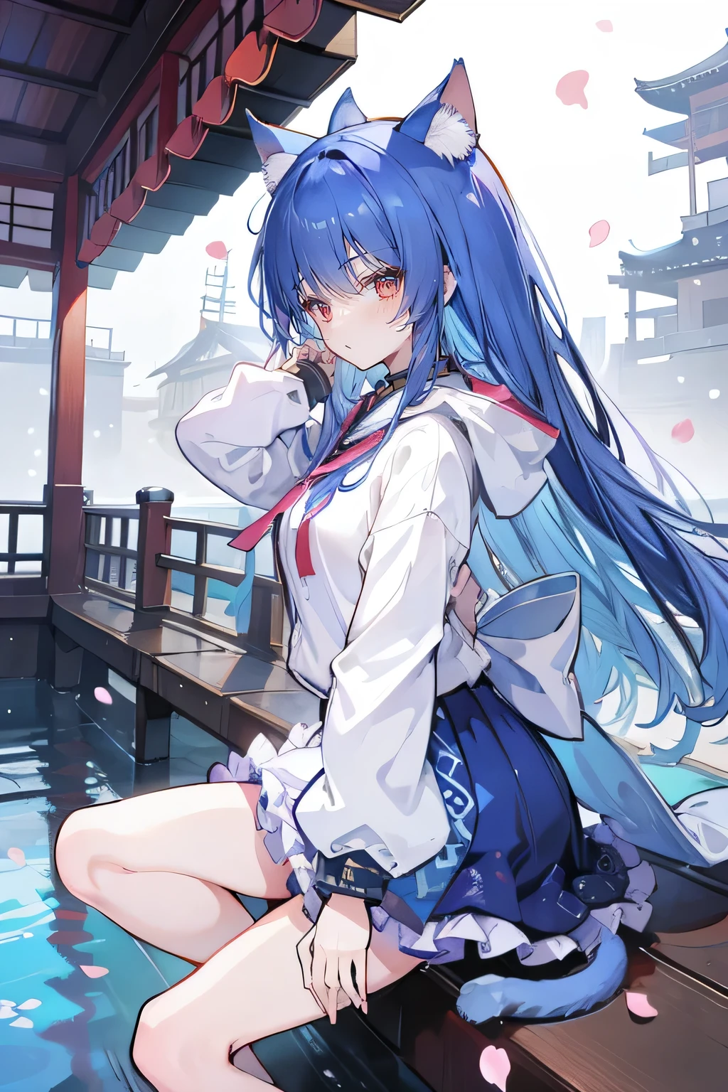 （masterpiece：1.2），Super detailed，lifelike，Expressive eyes，fair skin，perfect face shape，1 girl，
Japanese comics,Gorgeous blue hair,flowing blue hair,flowing clothes,Cat ears,Petals fall,beautiful lola,Baby Angel,
Shaking head with one hand，Cross your legs，Gentle and peaceful background，The pavilion is cool and comfortable,smile, wearing hoodie, background of tokyo,back views,snowing, winter,lie on the water. 