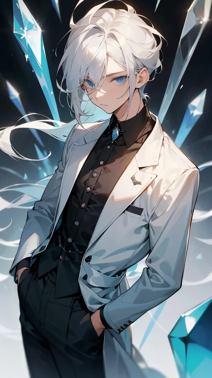 His hair is silver-white, with soft highlights and a slightly tousled texture that adds a natural sophistication. The front is longer, gently falling over his forehead and framing his light blue eyes in a soft and elegant manner. The sides are slightly shorter, accentuating his delicate facial features. A small strand can be styled to casually fall over one eye, adding a touch of mystery to his gaze.
Age:
Hair: White, possibly prematurely gray, giving him a distinguished and somewhat mature look for his age.
Eyes: Light blue, which contrasts strikingly with the white hair.
Attire: He wears a simple black shirt with crystal details that subtly and elegantly reflect light. He completes the look with black dress pants, where a delicate chain in the pocket adds a touch of understated sophistication.