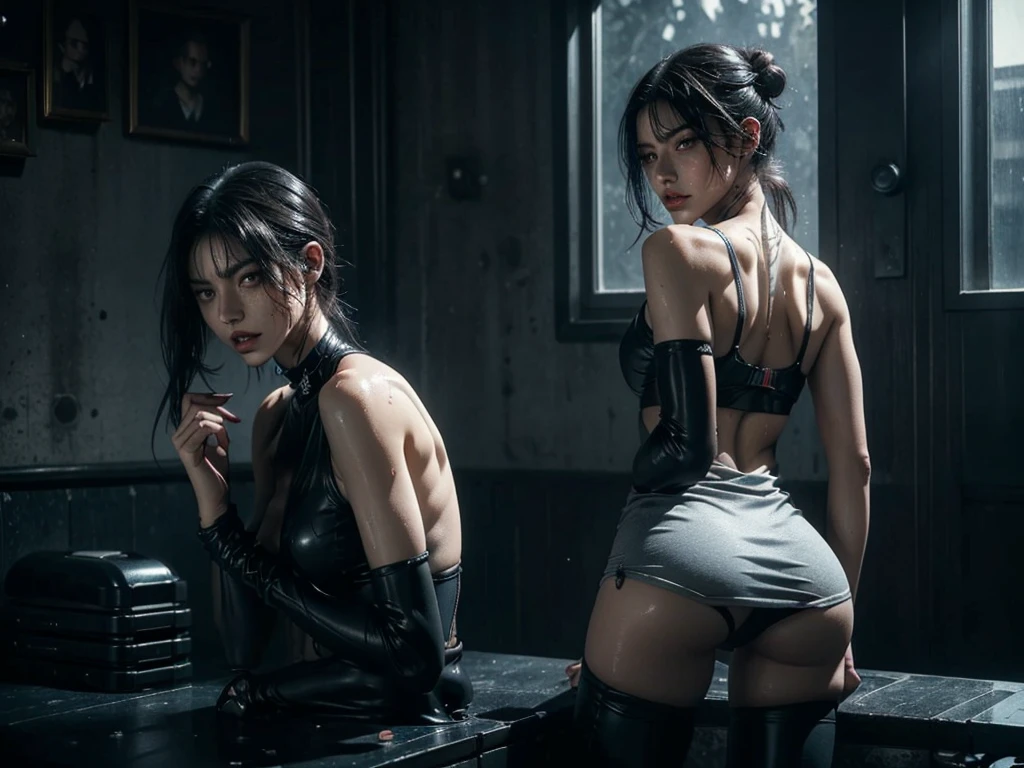 braided ponytails, ((short skirt)) (((Slutty skintight cybernetic Full AI skin and anatomy))), ((slutty braided hair)), ((She is in your bedroom, slutty )), Perfect back view of her tight butt, full body picture, she is a seductive slut, Perfect proportions, she has a perfect Ass... she wants to put your tiny shrunken body deep inside of her pussy, short hair with bangs and ponytails, beautiful horror, domination, death by pussy insertion, skinny sexy and slutty woman, she needs to have your tiny shrunken body deep inside of her pussy.... she wants you to choke inside of her pussy, she is the embodiment of sexual domination and lust, she is perfect, you are her prey, you are about to die inside of her pussy, small tight ass, giantess domination, human sex toy, helpless, she is a giantess and she wants to use your tiny shrunken body as a human dildo..., perfect anatomy, perfect arms and hands, better detail on her eyes... make her eyes look scary and beautiful, perfect sexy and slutty athletic body, perky nipples, wet, white cum, perfect tight butt, black hair, perfect legs and thighs, tight wet pussy, white dripping cum, ((Perfect eyes and face)), ((closed wet full lips)), ((perfect hands and fingers)), ((( a lot of white cum is dripping out of her pussy))), ((she has a very skinny and toned strong body)), ((makeup)), ((freckles)), ((perfect eyebrows)), ((sharper edges)), ((perfect scary grey eyes)), perfect face, slut, sadistic, predatory, better detail on her skin, perfect face and strong jawline, perfect full wet lips, sadistic atmosphere, wet sweaty skin, beautiful intimidating grey eyes, ((beautiful horror)), better lighting, more toned muscles, perfect detail on her intimidating eyes, very tight underwear, ((tight pussy)), (((tighter clothing))), slutty, intense, perfect detail, ((piercings)), better detail on her bellybutton, skinny, skinny and strong, more skin showing, intense, slutty, freckles, long skinny perfect legs, scary and intense, super slutty