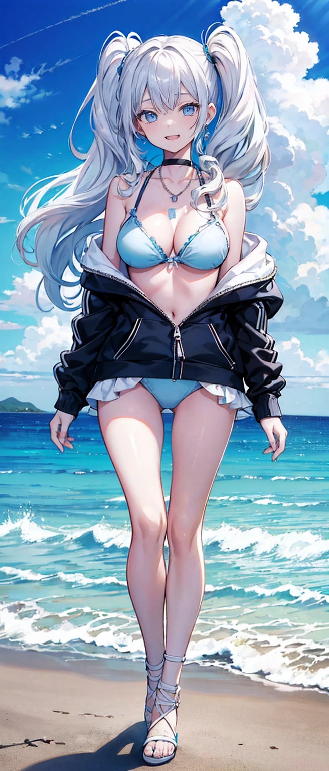 High resolution, high resolution,2D Anime Style,,Cool woman,Gal,tall,20th Generation,White hair long hair,Curly hair twin tails,Light blue eyes,Gal,Beautiful watch,Beautiful earrings,Lots of beautiful necklaces,Light blue bikini,Opened hoodie,He is smiling,Has fangs,whole body,Walking on the beach,