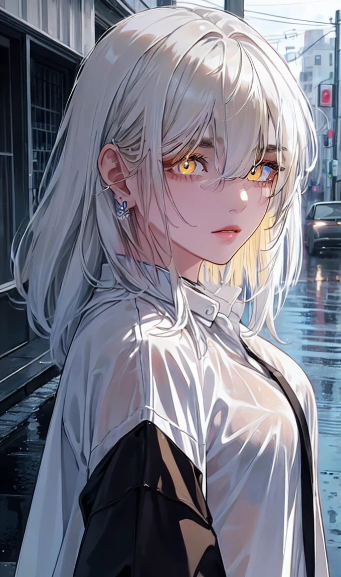 1girl, portrait, solo,lips, female focus, yellow eyes, looking at viewer, white hair, long hair, closed mouth, smile, casual clothes, rainy day, wet clothes, street on the background