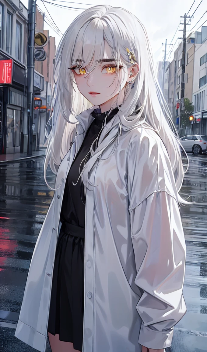 1girl, portrait, solo,lips, female focus, yellow eyes, looking at viewer, white hair, long hair, closed mouth, smile, casual clothes, rainy day, wet clothes, street on the background
