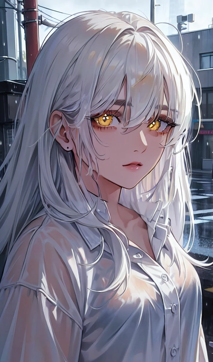 1girl, portrait, solo,lips, female focus, yellow eyes, looking at viewer, white hair, long hair, closed mouth, smile, casual clothes, rainy day, wet clothes, street on the background