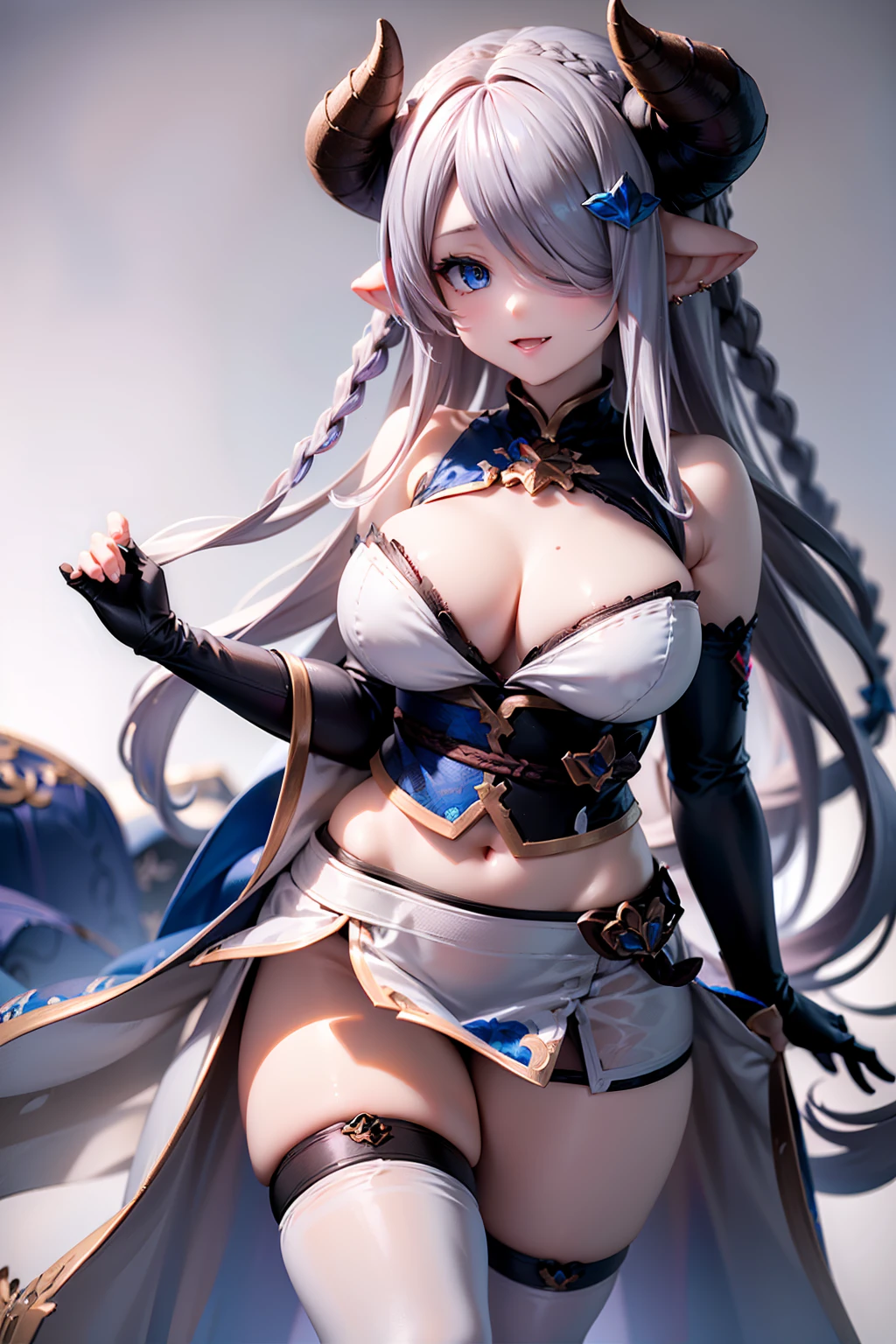 (((1 woman))), ((detailed blue eyes)), ((long silver hair)), large breasts, perfectly drawn body, narmaya, seductive smile, miniskirt, best quality, masterpiece, ultra-detailed
