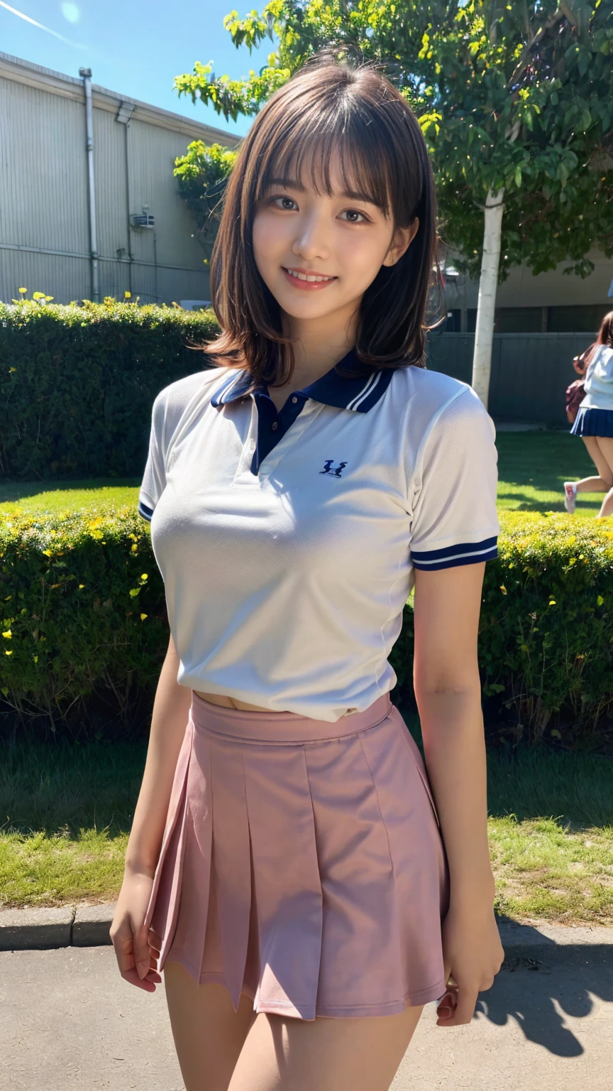 (Realistic、Like a photograph、Live Action、8K, Realistic, RAW Photos, Best image quality: 1.4), Single-lens reflex camera、RAW Photos, Highest quality, Realistic, Very detailed CG Unity 8K wall paper, Written boundary depth, Cinematic Light, Lens flare, Ray Tracing, Realistic background、((high school girl:1.4、A tight polo shirt that expresses the roundness and softness of the chest area:1.3、Uniform skirt:1.3)、Big Breasts、Sports bag slung across the shoulder、The straps of the bag pass between the chest)、((Ultra-Dense Skin))、 1 female, cute high school girl、((Girls cheering in the schoolyard、support、(whole body:1.5)、Smiling at school))、Pink inner color hair、short hair:1.2、tie your hair with a hair clip、I like that style、stylish、Very detailed、Pay attention to the details、Perfect outfit、(Sunburned skin)、Beautiful legs:1.1，front