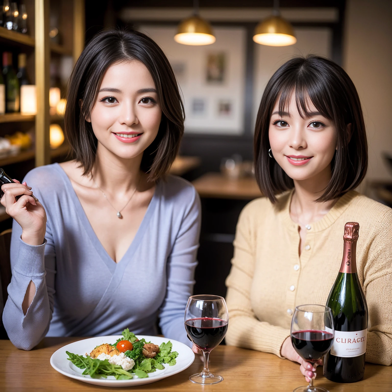 ((Highest quality、8K、masterpiece:1.3))、slimカップル、modelカップル、(Realistic, Intricate details:1.2), full-course dinner、Wine Party、Amazing view of the sunset sky and clouds、A bright smile、The wonderfulness of smile、Bright image、The beauty of wine, Beautiful Face, blue eyes, The light shines on your face, Blushing, short hair,Bright Face、 (Age 37), 39 years old, red wine 、Appetizers、Italian food、Wine bottle、Champagne、sparkling wine、Two beauties、Brown Hair、Shortcuts、Long sleeve shirt、dress、Beautiful woman 1, (slimな顔), (The body is slim), (Brown Hair), (Shortcuts), cheeks turn a little red,Attractive beauty、restaurant, In a prominent place (From the waist up) Nova Frog Style, actress, model, Upper Body, White wine, slim, wine glass, 中央に置かれたwine glass, smile, (smile: 1.15), Beautiful fine grain, Depth f/2,saturation, High Contrast, Strong light and shadow,Moist Body:1.5、3D texture、Delicate eyes、Brown Hair、The hair is very shiny、