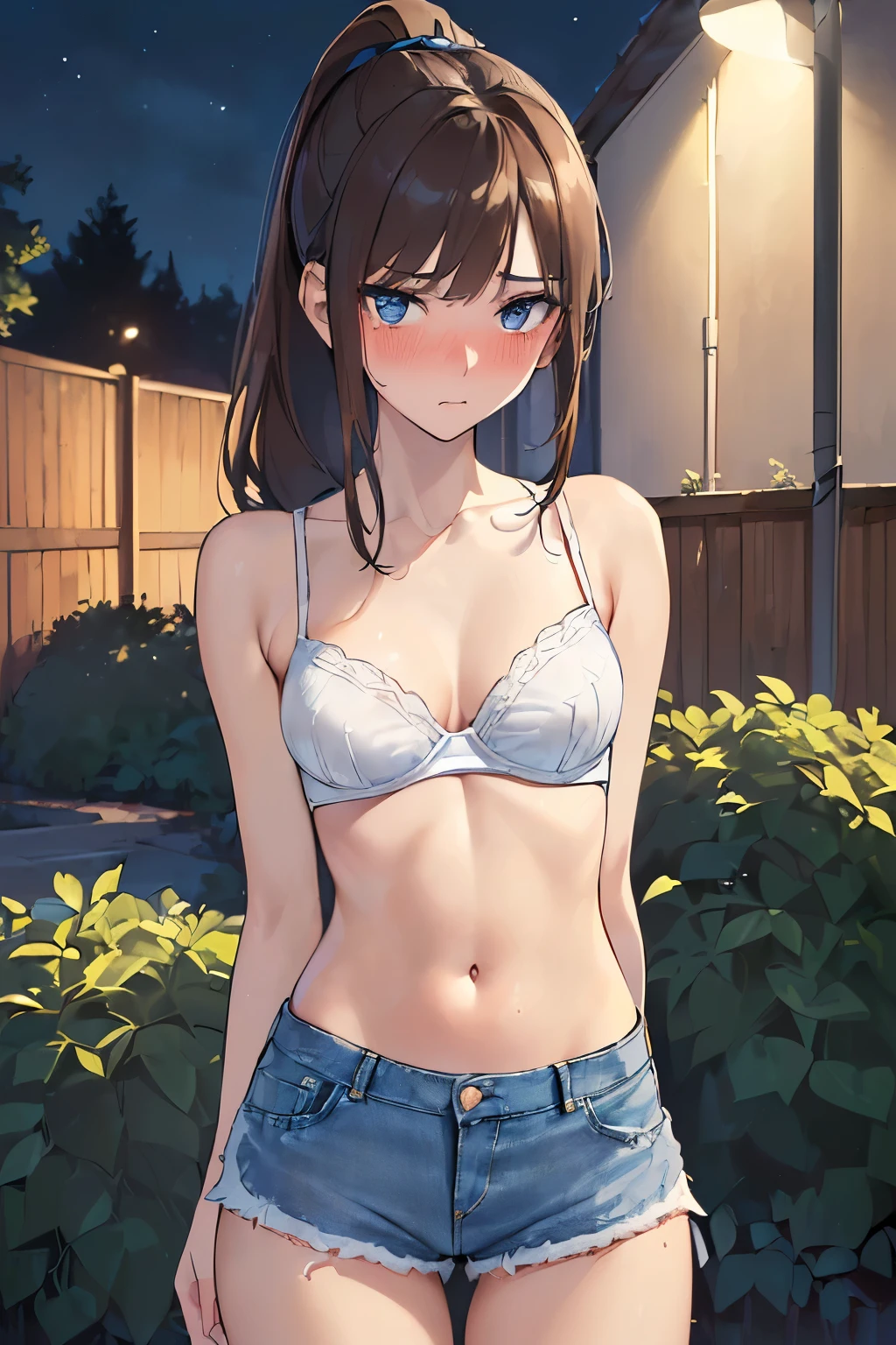 ((best quality)), ((masterpiece)), ((detailed)), (((perfect face))), (((slender 18yo teenage girl))), (((medium breasts))))), ((((white bra)))), ((shy:1.3)), ((blushing:1.5)), ((bare stomach)), ((bare shoulders)), (((bare arms))), ((((cut off denim shorts)))), ((dark brown hair)), ((short ponytail)), (((blue eyes))), (((standing))), ((((suburban backyard, night time)))), ((((detailed background)))), (((slender thighs))), (((arms behind back)))