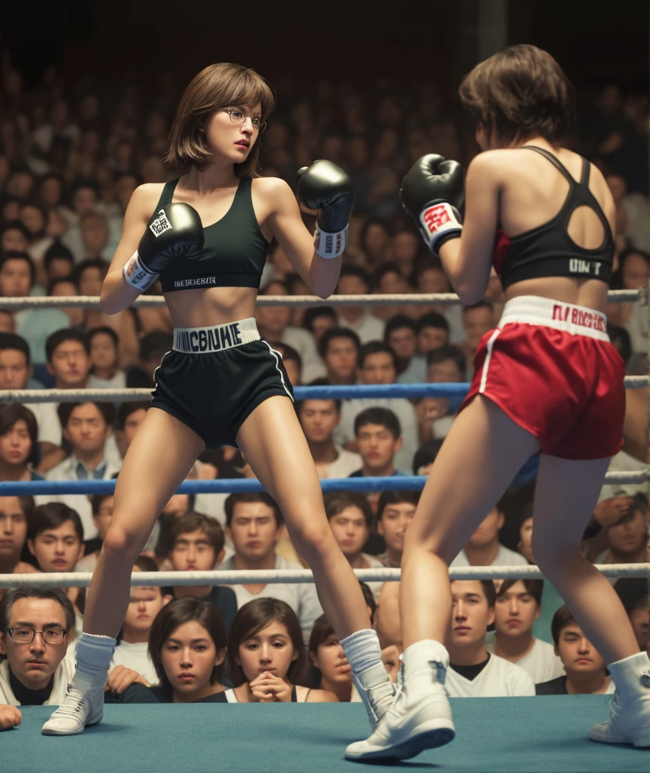 (super flat, flat shading), Honors Type, Really blushing, , (Boxing Match:1.5), 2girls, (fighting:1.5), wearing no sleeves white (high-cut bikini uniform:1.5), wedgie:1.5, cameltoe:1.7, sports shoes, ponytail brown hair, sweaty healthy body, sweaty soaking wet full body, smile, bare legs, navel, ultra realistic, early morning, breeze, in crowded public gymnastics,