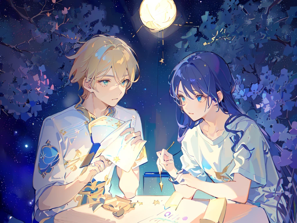 Two boys,The person on the left has blond hair,The person on the right has dark blue hair,White T-shirt,Background is starry sky,night,Beautiful starry sky,Hold a fireworks stick,hanabi,Hanabi,The right light and shadow,8K,Correct human body,Detailed eye painting,illustration,Highest quality,Exquisite,Detailed face,Masterpiece,flat chest,Slim,young,16 years old,High-end,Hand Painted,Official Fanart, Visual novel, Anime style,Girly Romance, Produced by Anime Painter Studio,masterpiece, best quality, Sharp focus, Intricate details, Perfect, Golden Ratio Composition, 8K resolution, High resolution, fair, fair sky, Vibrant pastel colors, Vibrant colors
