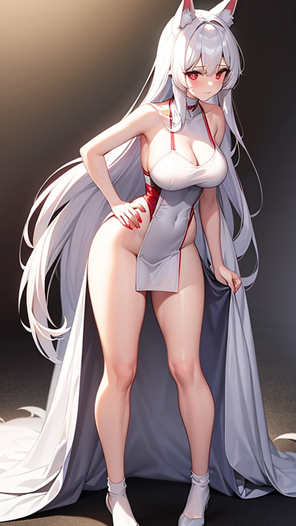 An adult woman half fox and wolf, wide breasts, red eyes, white hair, white fox ears backwards, very shy, and she is naked, red socks, and standing, and very sexy