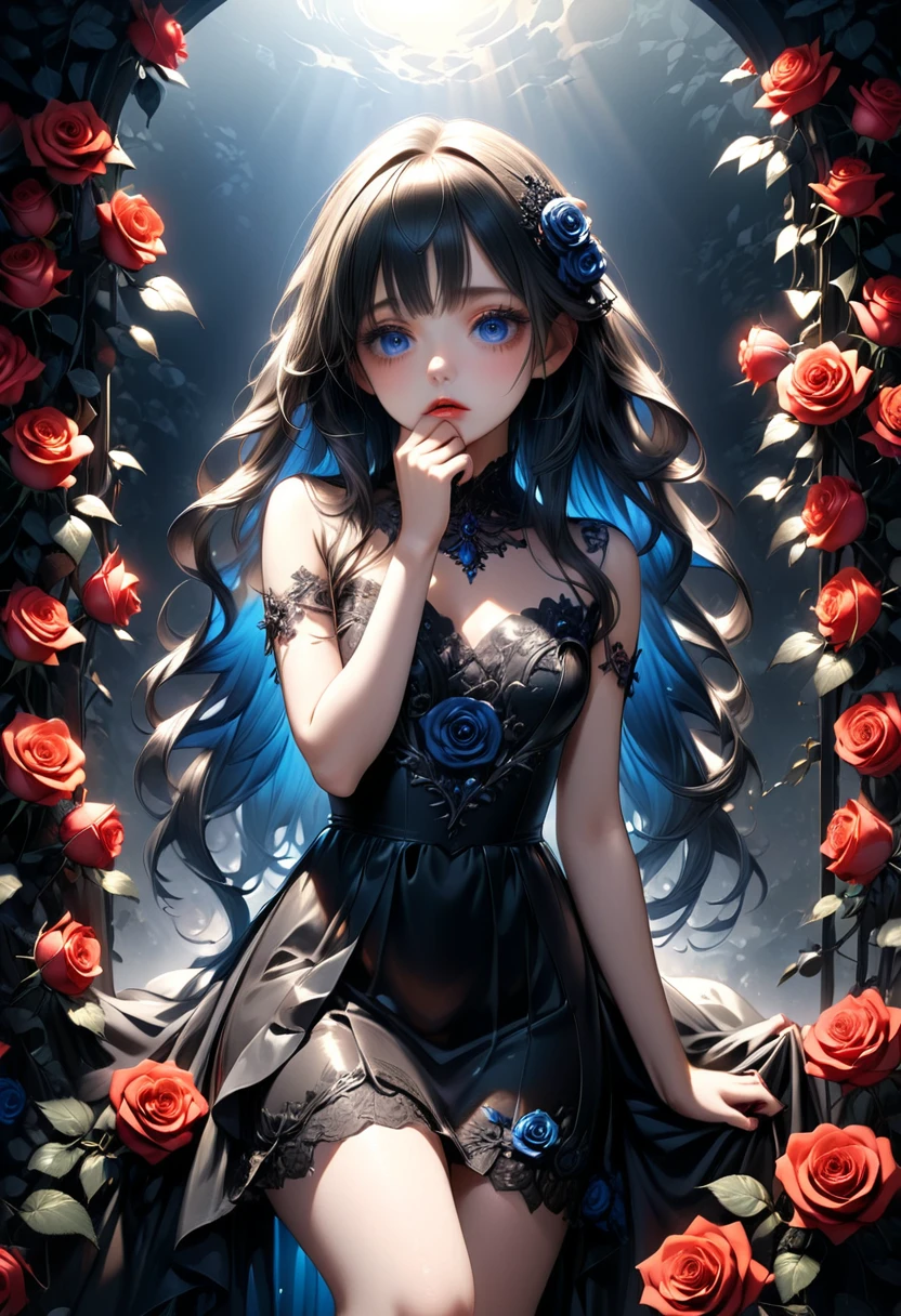 Full Body View, Elevation, Beautiful attention to detail, Beautiful lip detail, Highly detailed eyes and face, Long eyelashes, beautiful and cute young girl, Princess of the Underworld, dark表情, Depressed face, look up, Put your hand over your mouth, White and black gradient hair, Through the bangs, Flowing Hair, Decorated with blue-black roses黒人の薄いベール, Decorated with blue-black roses、Very beautiful black dress, dark地下世界の背景, (Highest quality,16K,High resolution,masterpiece:1.2),Super detailed,(Ultra-realistic,Photorealistic:1.37),High resolution,超High resolution,Studio Lighting,Ultra-fine painting,Sharp focus,Physically Based Rendering,Very detailed explanation,Professional,Vibrant colors,Japanese anime style,Dramatic lighting,Chiaroscuro,mysterious,melancholy,dark,Surreal,Fantasy,Many roses in the background