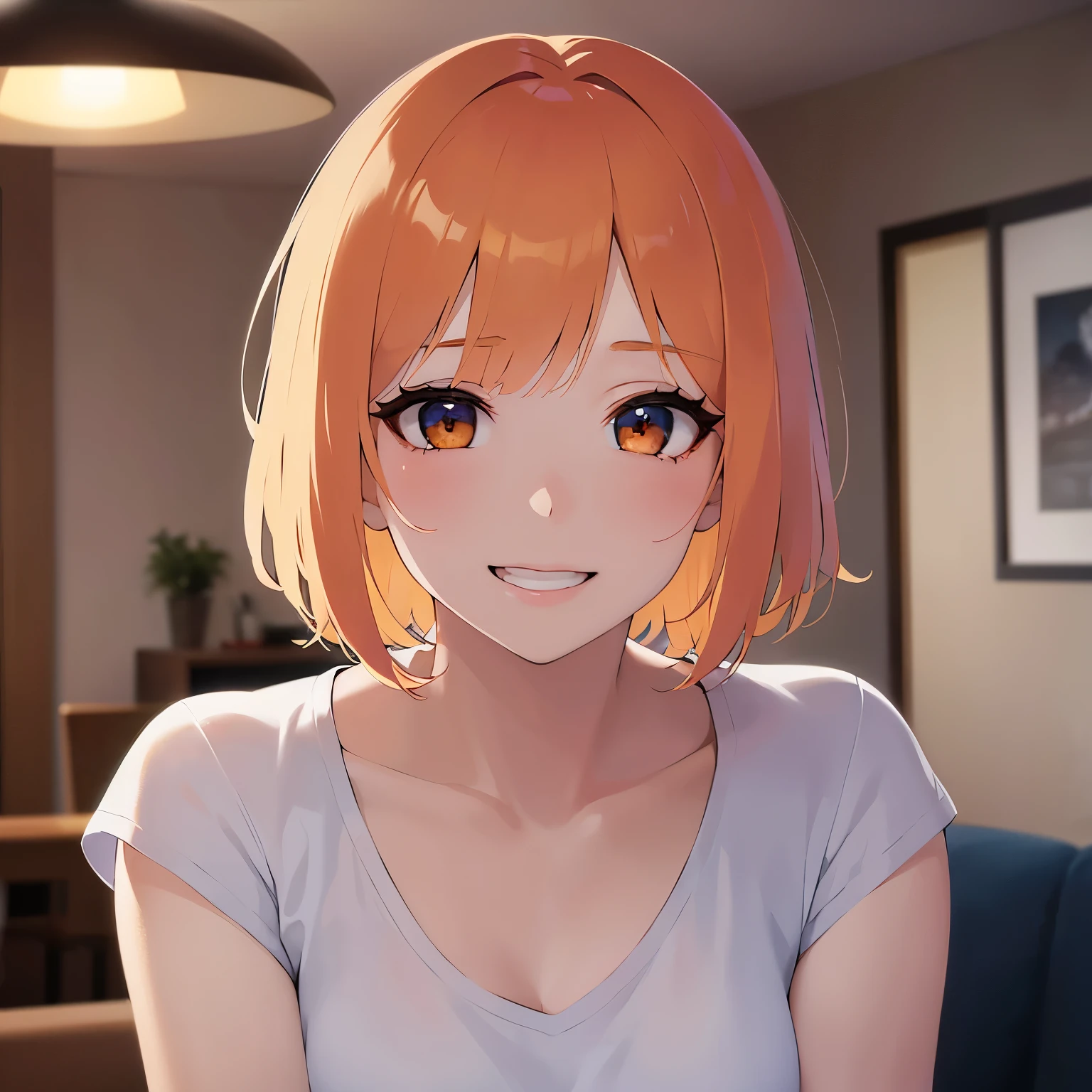 Upper Body, Realistic, real person, (pale skin: 1.2), RAW photo, photorealistic, shiny skin, shiny hair、(A 25-year-old woman with a bob cut and bangs) and (orange hair) and (Orange Eyes) , Wearing a white V-neck T-shirt ,blush,(grin,1.3), white teeth,The background is the living room at night、Alone、Grinning