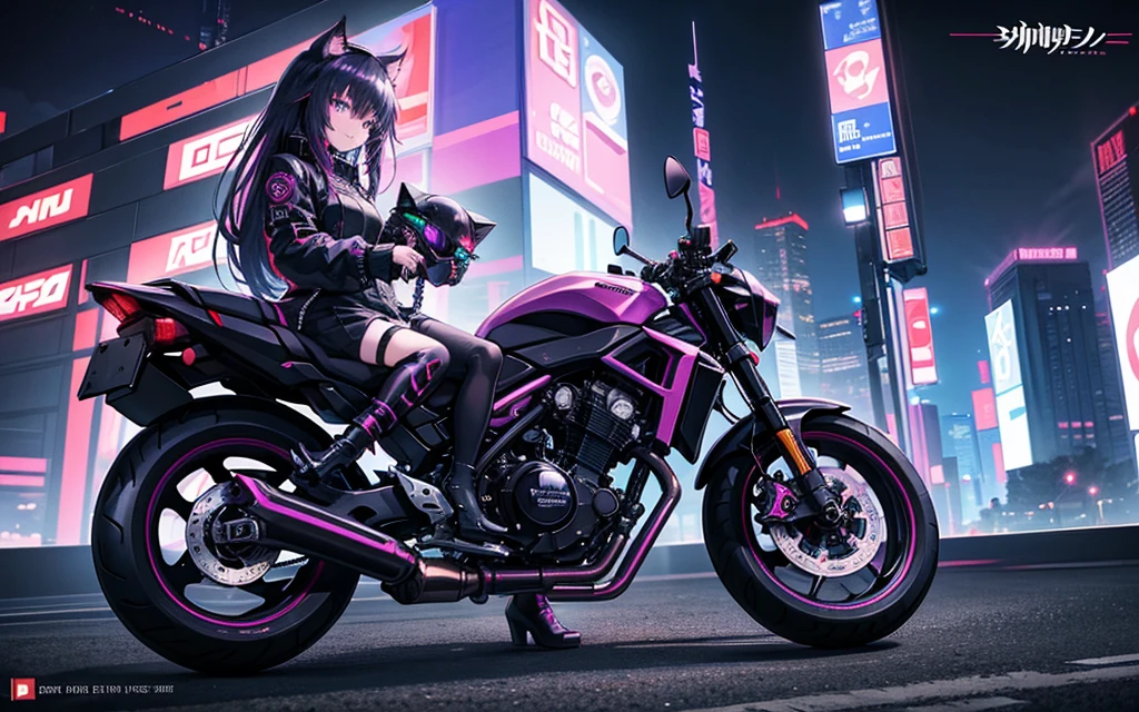 I imagine a cyberpunk world full of mystery and futurism. I imagine this anime girl on her cyberpunk motorcycle, surrounded by neon lights in a night city. His purple and black suit, The shiny chains and her red hair create an intriguing image. The motorcycle, with its shiny surface and cat-shaped helmet, adds a touch of enigma. It&#39;s like she&#39;s ready for an exciting nighttime adventure!! .