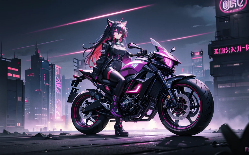 I imagine a cyberpunk world full of mystery and futurism. I imagine this anime girl on her cyberpunk motorcycle, surrounded by neon lights in a night city. His purple and black suit, The shiny chains and her red hair create an intriguing image. The motorcycle, with its shiny surface and cat-shaped helmet, adds a touch of enigma. It&#39;s like she&#39;s ready for an exciting nighttime adventure!! .