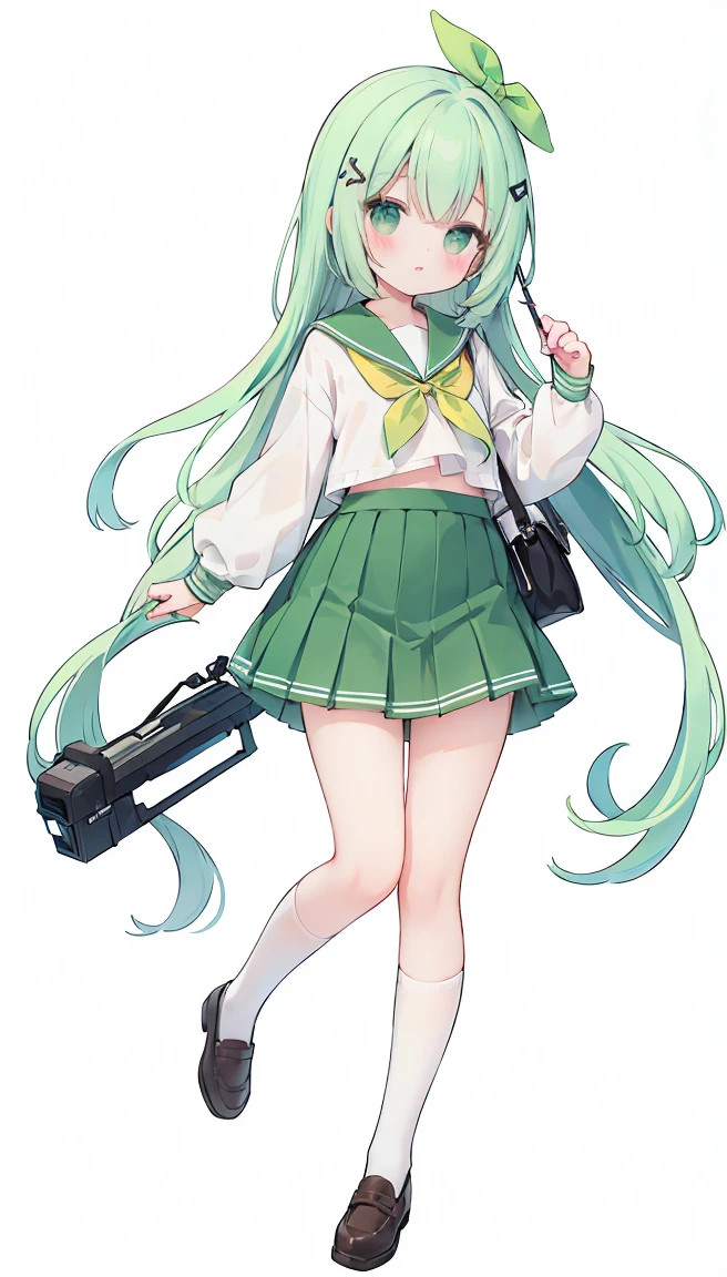 masterpiece, best quality, high resolution, white simple background, standing, slim waist, cute, sailor uniform, green skirt, knee high long socks, (Pastel Colors: 1.3), full body