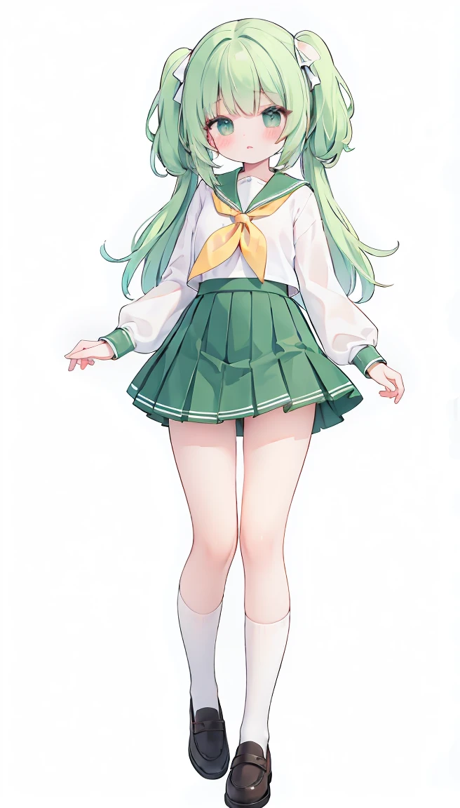 masterpiece, best quality, high resolution, white simple background, standing, slim waist, cute, sailor uniform, green skirt, knee high long socks, (Pastel Colors: 1.3), full body