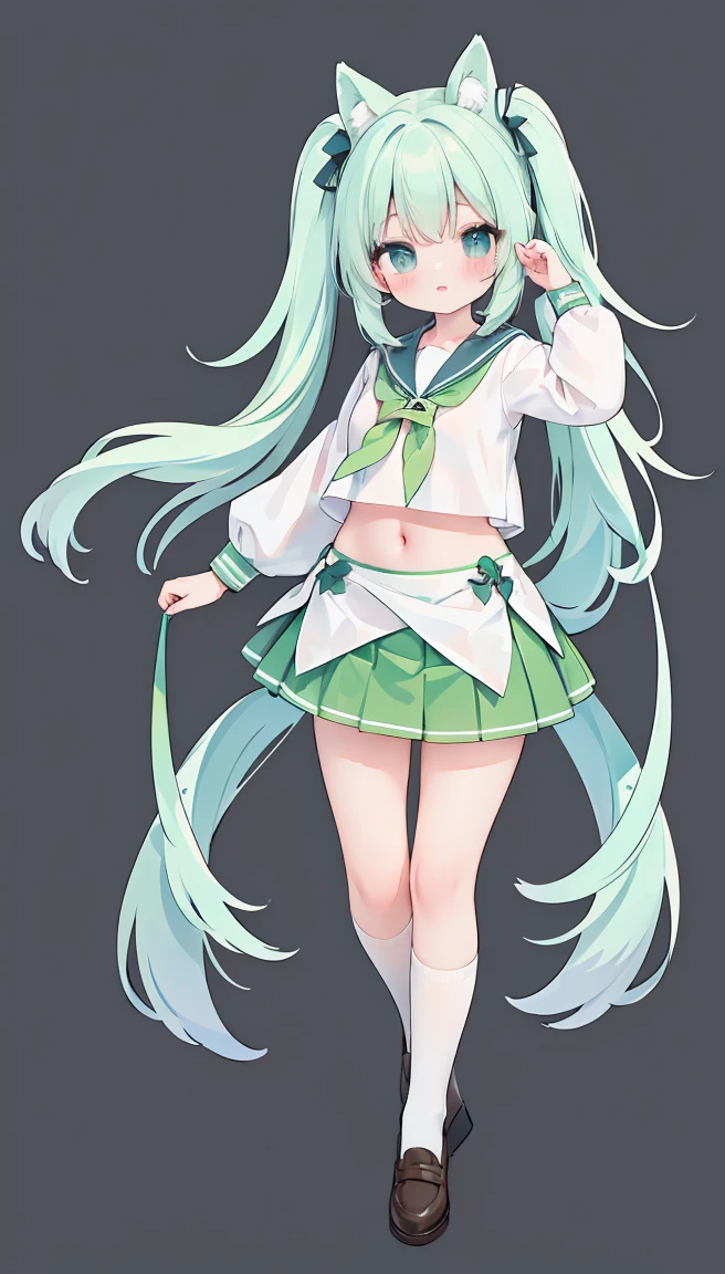 masterpiece, best quality, high resolution, white simple background, standing, slim waist, cute, sailor uniform, green skirt, knee high long socks, (Pastel Colors: 1.3), full body