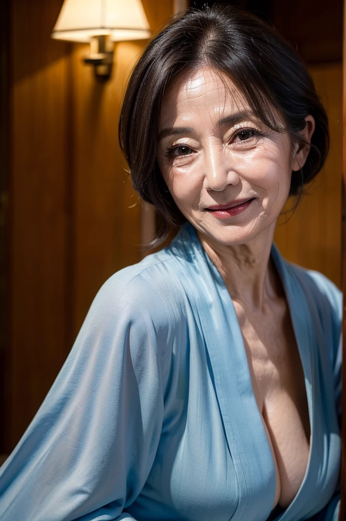 (masterpiece:1.4),(68-year-old woman:1.5),(facial wrinkles 1.2),seductive smile, (up hair : 1.1), (wearing kimono), Motherhood Mature Woman