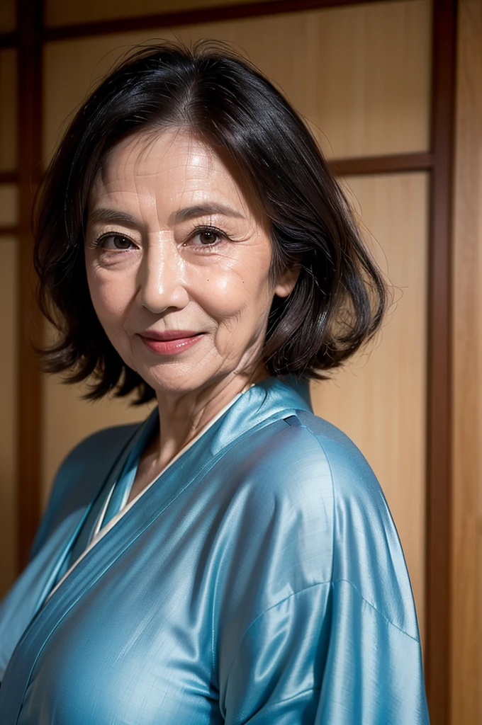 (masterpiece:1.4),(65-year-old woman:1.5),(facial wrinkles 1.2),gentle smile, (up hair : 1.1), (wearing kimono with floral pattern), Motherhood Mature Woman