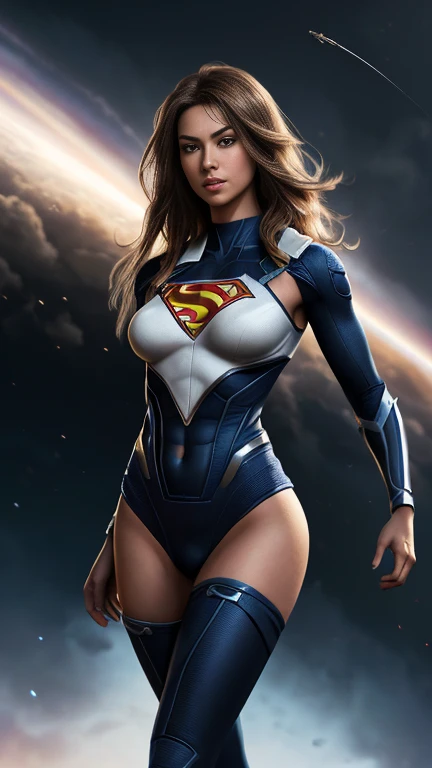 (8k, La mejor calidad, Obra maestra:1.2) Supergirl de DC, pechos grandes, muslos hechizantes cuerpo completo, Ojos azules y cara extremadamente detallados, hermosos ojos ultra 4k detallados, cyberpunk dark fantasy 8K, megan fox face, cinematic, very detailed face, very detailed hands, at night, in the rain, wet