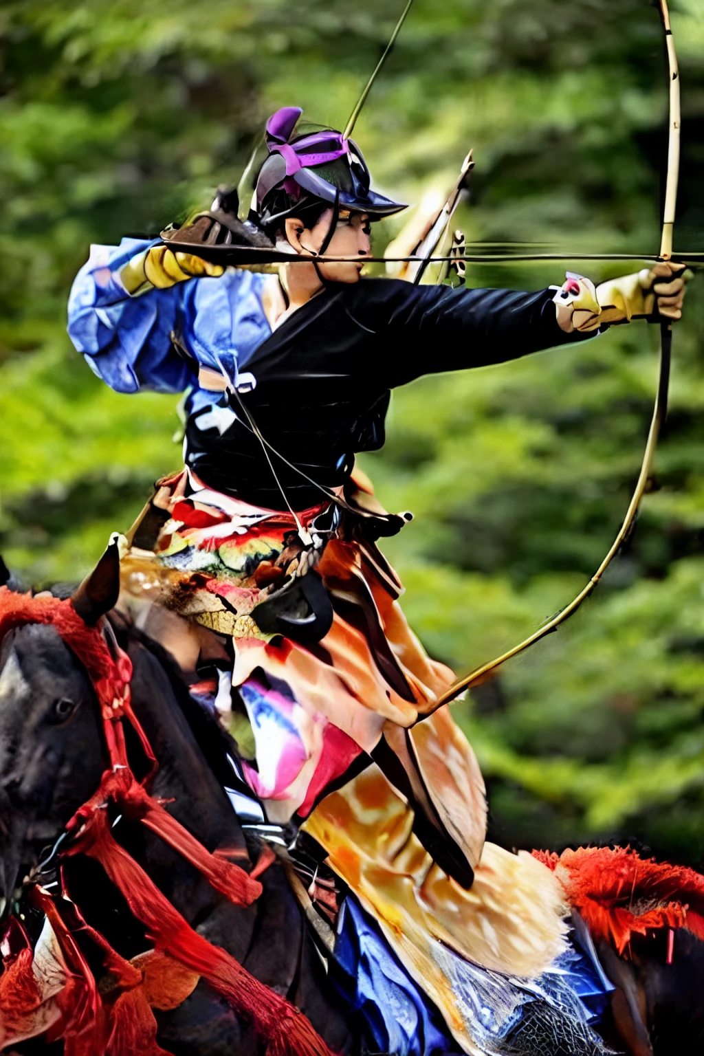 (masterpiece, best quality:1.2), yabusame, beautiful girl, horse, (horseback riding:1.2), (long bow:1.2), (drawing bow:1.2), (holding bow in left hand:1.2), (holding arrow:1.2), (aiming:1.2), outstretched arm, (kyuudou:1.2), yugake, (jumping:1.2), (hole body:1.2), (blurry background:1.2), (from right side:1.2), (from front:1.2), 
