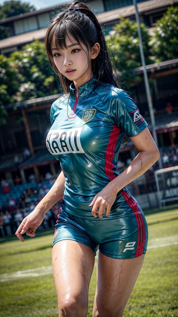 Highest quality, High resolution:1.2, Very detailed, Realistic:1.3, ((Beautiful woman))、((Super tight uniform))、((Super big breasts))、(The abdomen is visible)、Vibrant colors, play soccer,((Blunt bangs))、Various Hair Styles、Different hair colors、With bangs、Wet Hair, concentrate, splash, Action Shots, Grass blotches, Muddy ground, Wet turf, decide, Fast-paced games, Athletic physique, Shiny soccer ball, Wet Uniform, raindrop, Blurred motion, ボールにconcentrateする, Intense competition, Skillful dribbling, Energetic play, Teamwork, powerful shoots, Wet pitch, Passionate sports, Fierce decide, Humid atmosphere, Fluid movement, emotional expression、Dramatic lighting, Women's Sports, Avid athletes, Exciting Games, Endure, Excited state, Speed and agility, Energetic play, 濡れたsplash、smile、Red Uniform