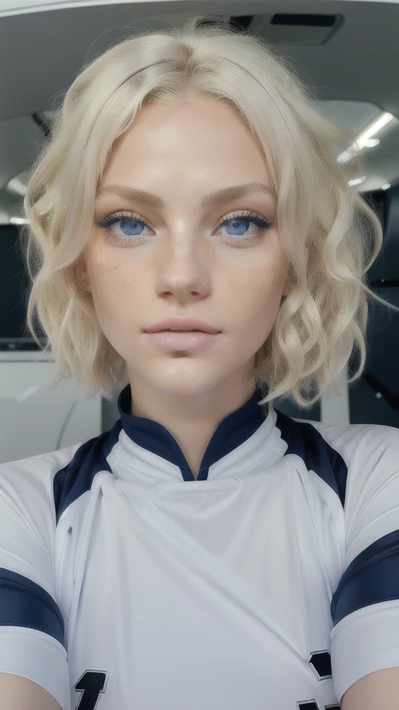 Dynamic View of 1 Albino woman with freckles, extremely thin and sensual, blonde hair ((curly)) slightly messy (over the eyes), with large and highly detailed light blue eyes, large and curved eyelashes, making a sensual pout with her mouth, extremely beautiful, with exuberant beauty, perfect symmetry, perfect body, detailed skin with quality and depth, she is wearing an oversized navy blue baltimore rinno force football jersey, ultra-realistic image, perfect symmetry, vibrant and sharp, dynamic vision, tall level of detail and definition, 1200 PPI – Photographic resolution with greater central realism, 4K image resolution Hyper-realistic, high-fidelity, cinematic UHD.