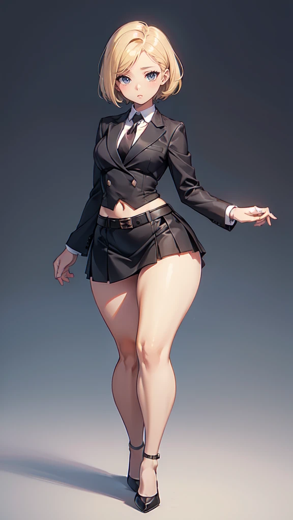 blank background, (((full body))), (masterpiece), ((best quality)), (flat chest), tiny breast, straight hair (curvy:1.6), (very short skirt), shoes, belt below navel, blonde, (black suit and tie)