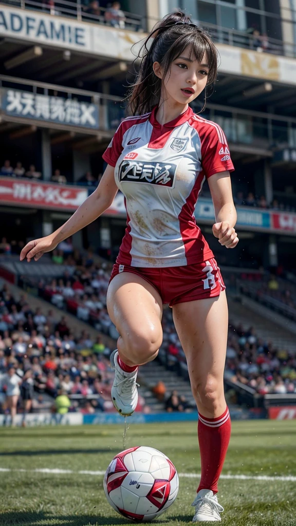 Highest quality, High resolution:1.2, Very detailed, Realistic:1.3, ((Beautiful woman))、((Super tight uniform))、((Super big breasts))、(The abdomen is visible)、Vibrant colors, play soccer,((Blunt bangs))、Various Hair Styles、Different hair colors、With bangs、Wet Hair, concentrate, splash, Action Shots, Grass blotches, Muddy ground, Wet turf, decide, Fast-paced games, Athletic physique, Shiny soccer ball, Wet Uniform, raindrop, Blurred motion, ボールにconcentrateする, Intense competition, Skillful dribbling, Energetic play, Teamwork, powerful shoots, Wet pitch, Passionate sports, Fierce decide, Humid atmosphere, Fluid movement, emotional expression、Dramatic lighting, Women's Sports, Avid athletes, Exciting Games, Endure, Excited state, Speed and agility, Energetic play, 濡れたsplash、smile、Red Uniform