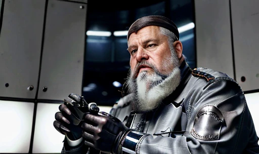 He is looking at his mechanical palm, He observes his own bionic hand, The space general aged 65 has long gray beard and long beard, wears a futuristic uniform, he is fat bearded, long sleeve uniform , wearing leather gloves on your hands, he has his arms crossed seriously, speaking to the viewer, He wears a white general&#39;s hat on his head. He wears a general&#39;s hat.