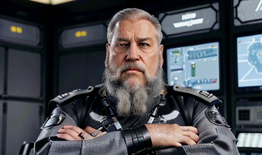 He is looking at his mechanical palm, He observes his own bionic hand, The space general aged 65 has long gray beard and long beard, wears a futuristic uniform, he is fat bearded, long sleeve uniform , wearing leather gloves on your hands, he has his arms crossed seriously, speaking to the viewer, He wears a white general&#39;s hat on his head. He wears a general&#39;s hat.